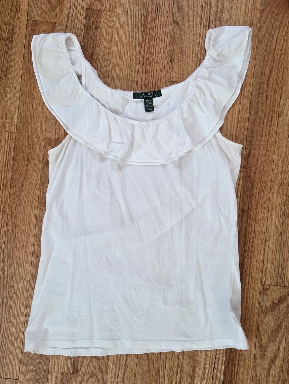 Lauren Ralph Lauren White Ruffle Scoop Neck Tank Top 100% Cotton Size M